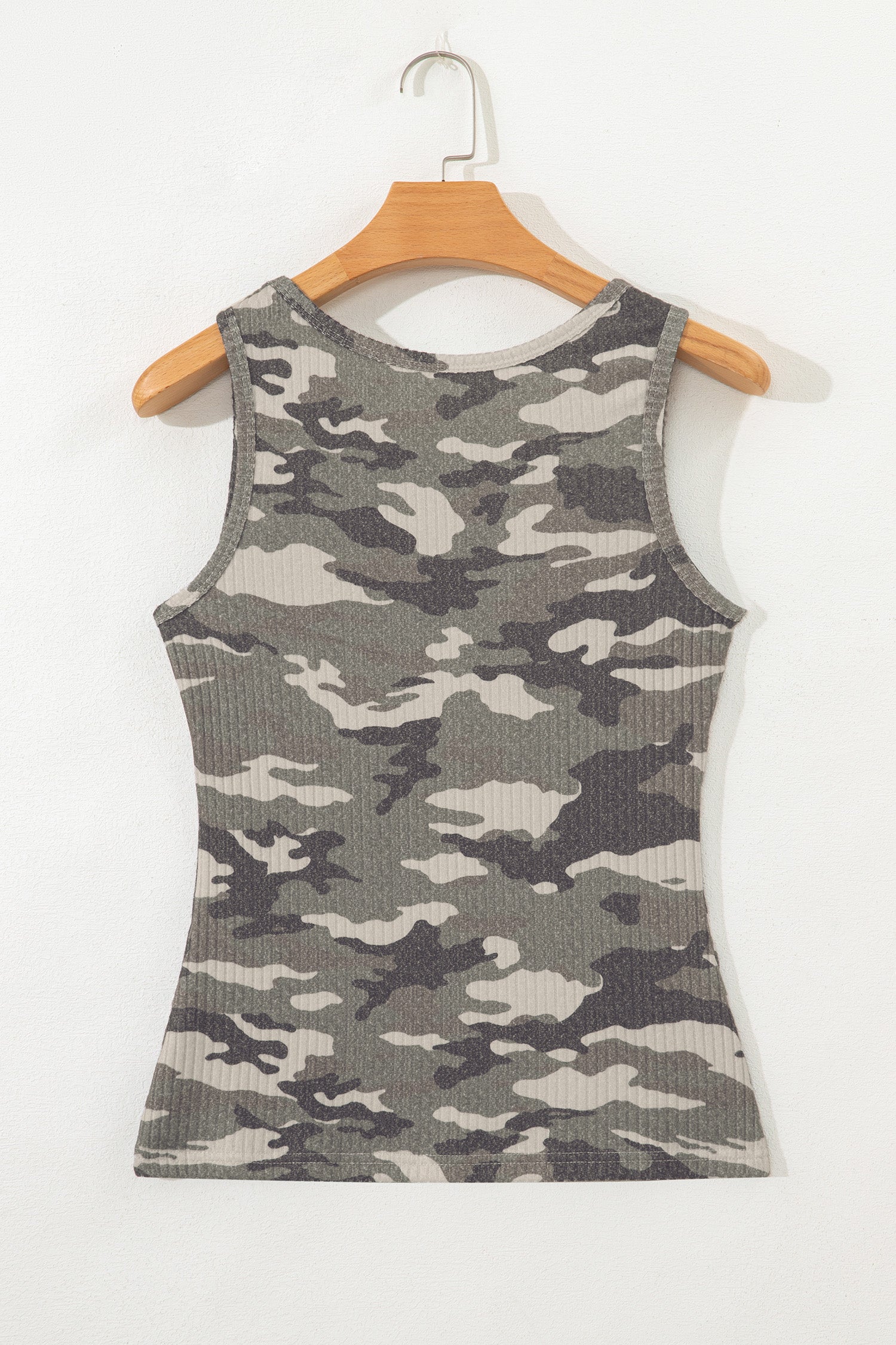 Green Camouflage Print Ribbed Knit Round Neck Tank Top - Snoopy's Closet