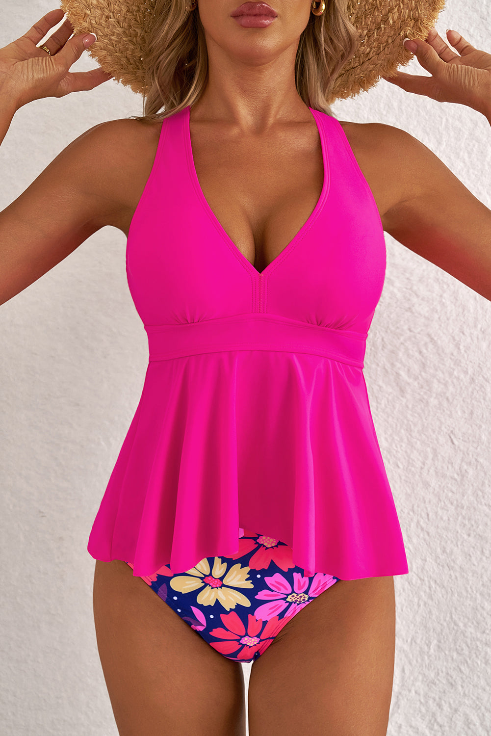 Rose V Neck Ruffled Hem Floral Bottom Tankini Set - Snoopy's Closet