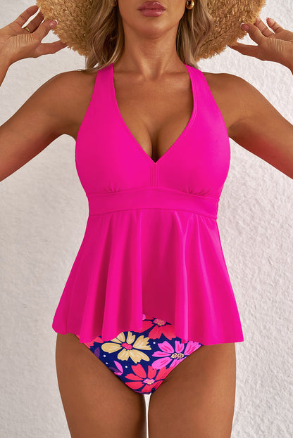 Rose V Neck Ruffled Hem Floral Bottom Tankini Set - Snoopy's Closet