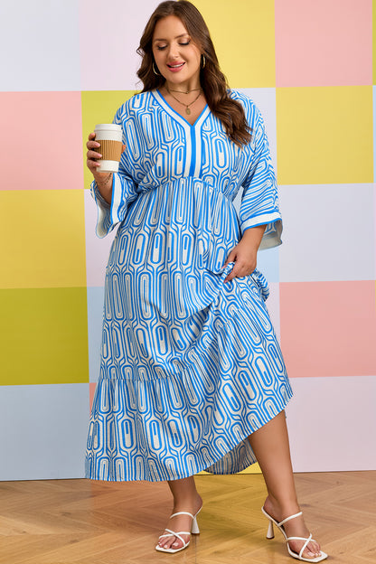 Vestido largo con estampado geométrico de talla grande en azul cielo con ribete en contraste y cuello en V de manga pulsera