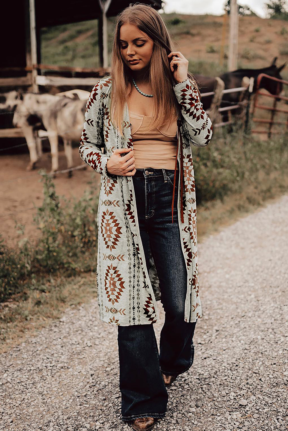 Brown Western Aztec Printed Open Front Long Cardigan - Snoopy's Closet