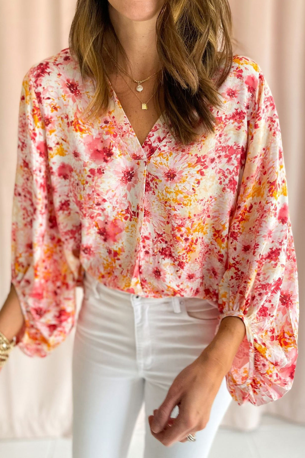 Pink Ditsy Floral Bubble Sleeve V Neck Blouse - Snoopy's Closet