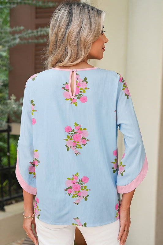 Sky Blue Floral Print Button Cuffed 3/4 Sleeve Round Neck Blouse - Snoopy's Closet