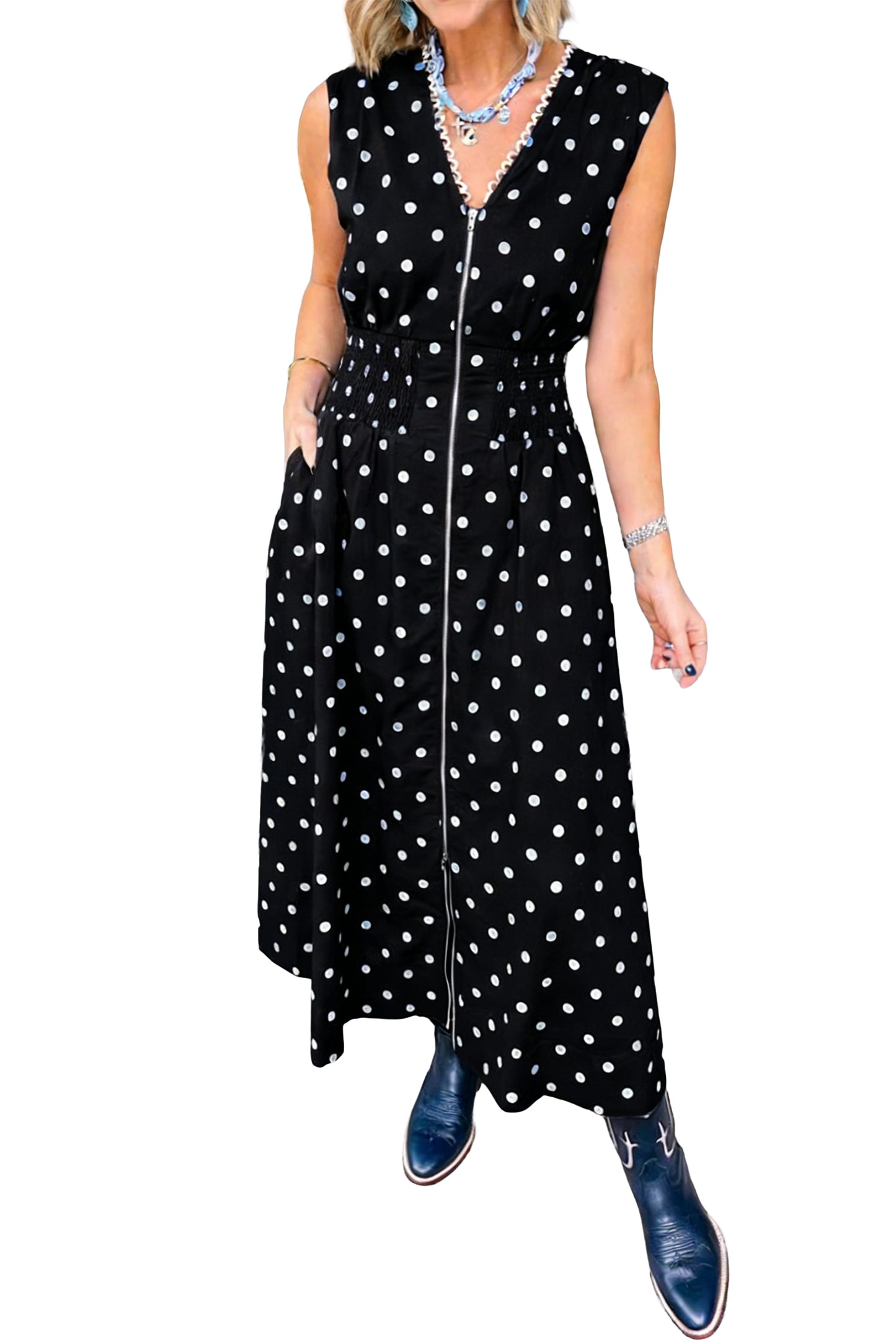Vestido sin mangas con cremallera, cuello en V, ribete en contraste y estampado de lunares negros