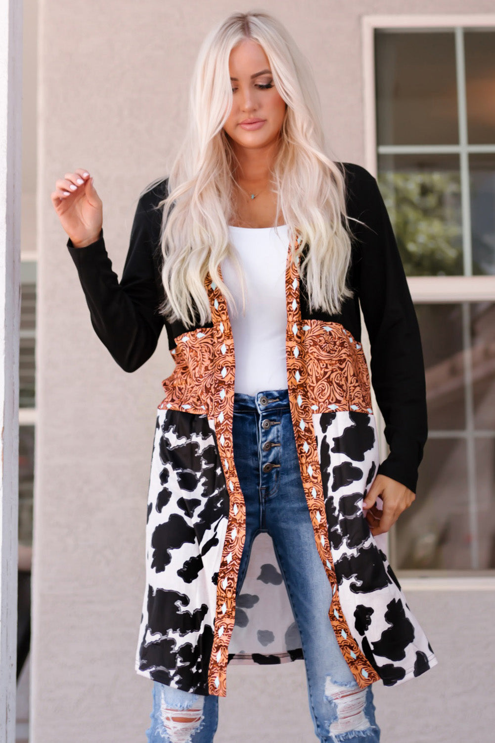 Black Western Pattern Cow Patchwork Open Front Cardigan - Snoopy's Closet