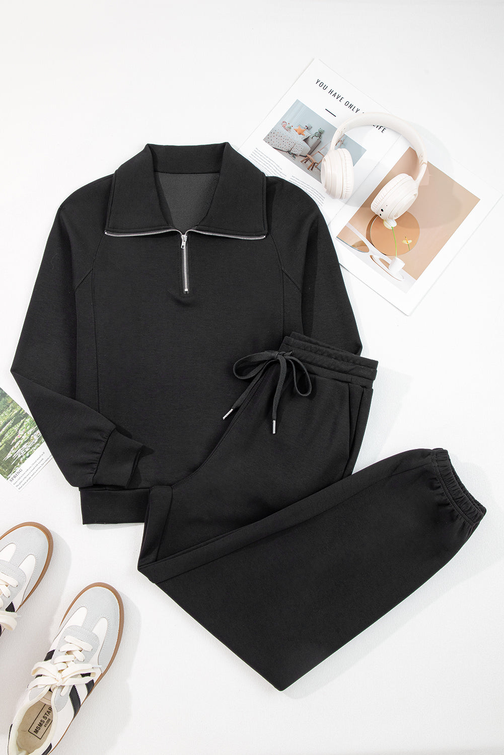 Black Zip Collar Long Sleeve Top Drawstring Pants Set - Snoopy's Closet