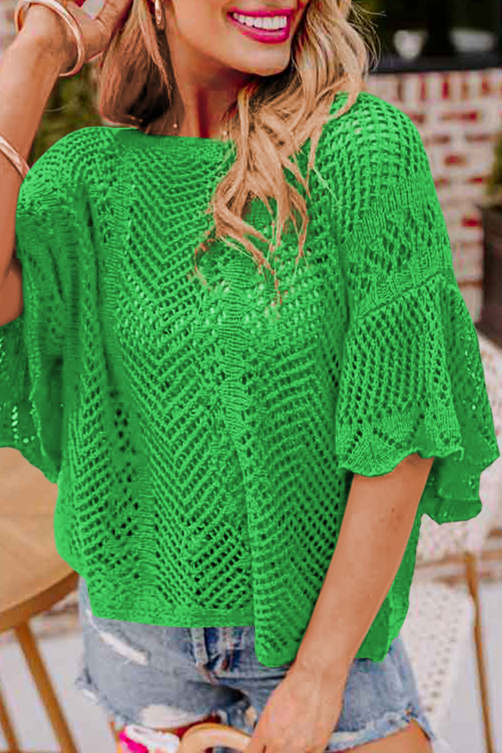 Green Pointelle Knit Scallop Edge Short Sleeve Top - Snoopy's Closet