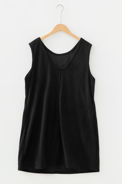 Minivestido Negro Sin Mangas de Pana Tallas Grandes con Bolsillos de Parche