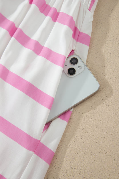 Pink Stripe Ricrac Trim Notched Neck Half Sleeve Vacation Dress - Snoopy's Closet