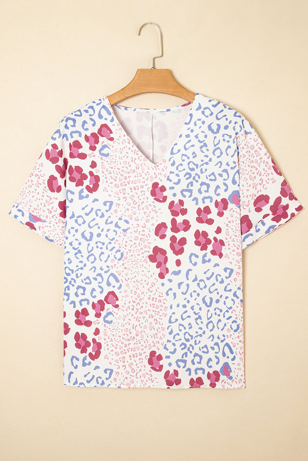 Pink Mixed Leopard Print V Neck Short Sleeve Blouse - Snoopy's Closet