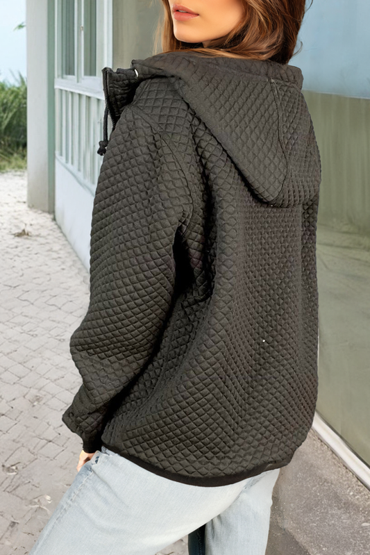 Chaqueta Acolchada Negra con Capucha y Cremallera, Bolsillos Laterales