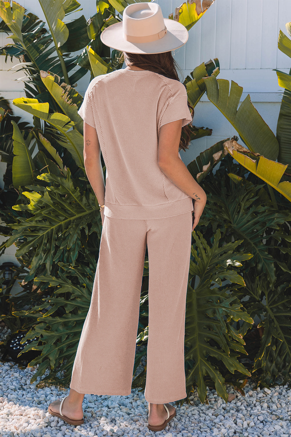 Blue Solid Corded Knit Short Sleeve T Shirt and Wide Leg Pants Set - Snoopy's Closet