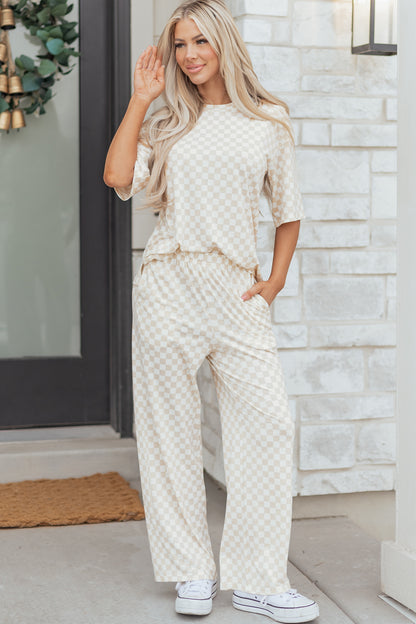 Khaki Checkered Print Half Sleeve Tee 2pcs Lounge Pant Set - Snoopy's Closet