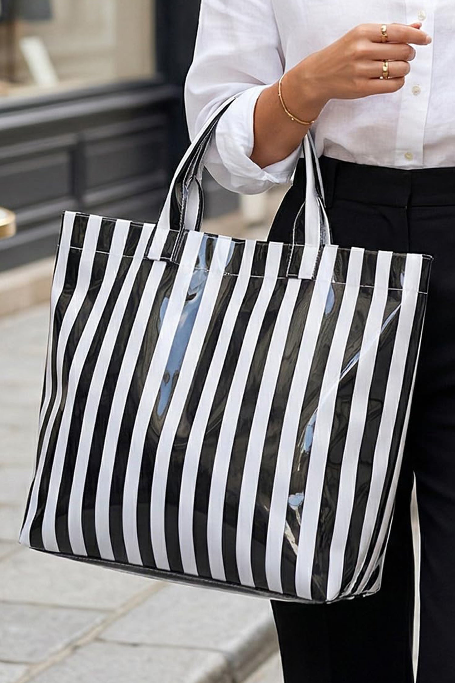 Blackish Green Glossy Striped Vinyl Large Tote Bag - Snoopy's Closet