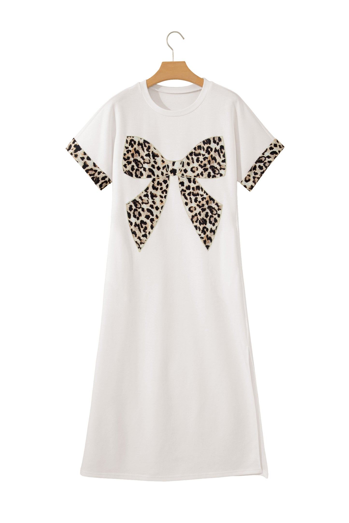 Vestido largo de manga corta con lazo de leopardo y contraste blanco