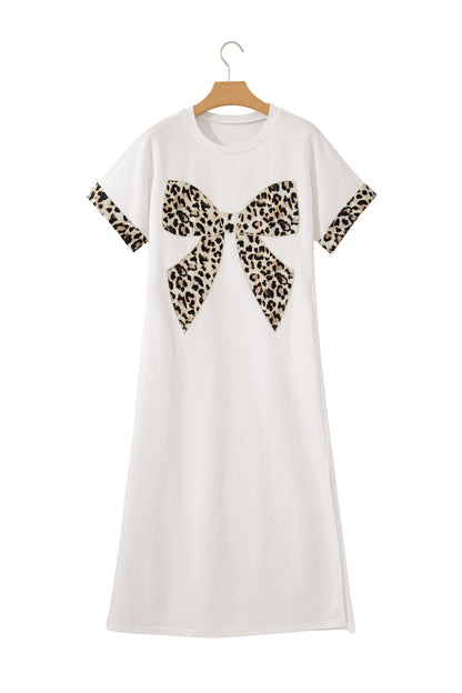 Vestido largo de manga corta con lazo de leopardo y contraste blanco