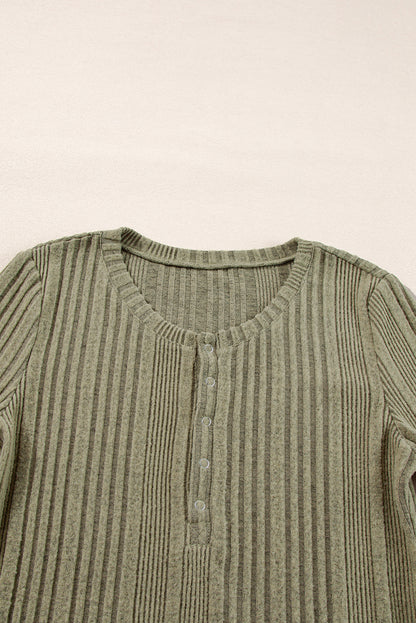 Jungle Green Ribbed Knit Half Button Slim Fit Blouse - Snoopy's Closet