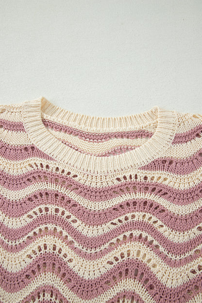 Beige Stripe Wavy Crochet Eyelet Detail Ruffle Half Sleeve Sweater