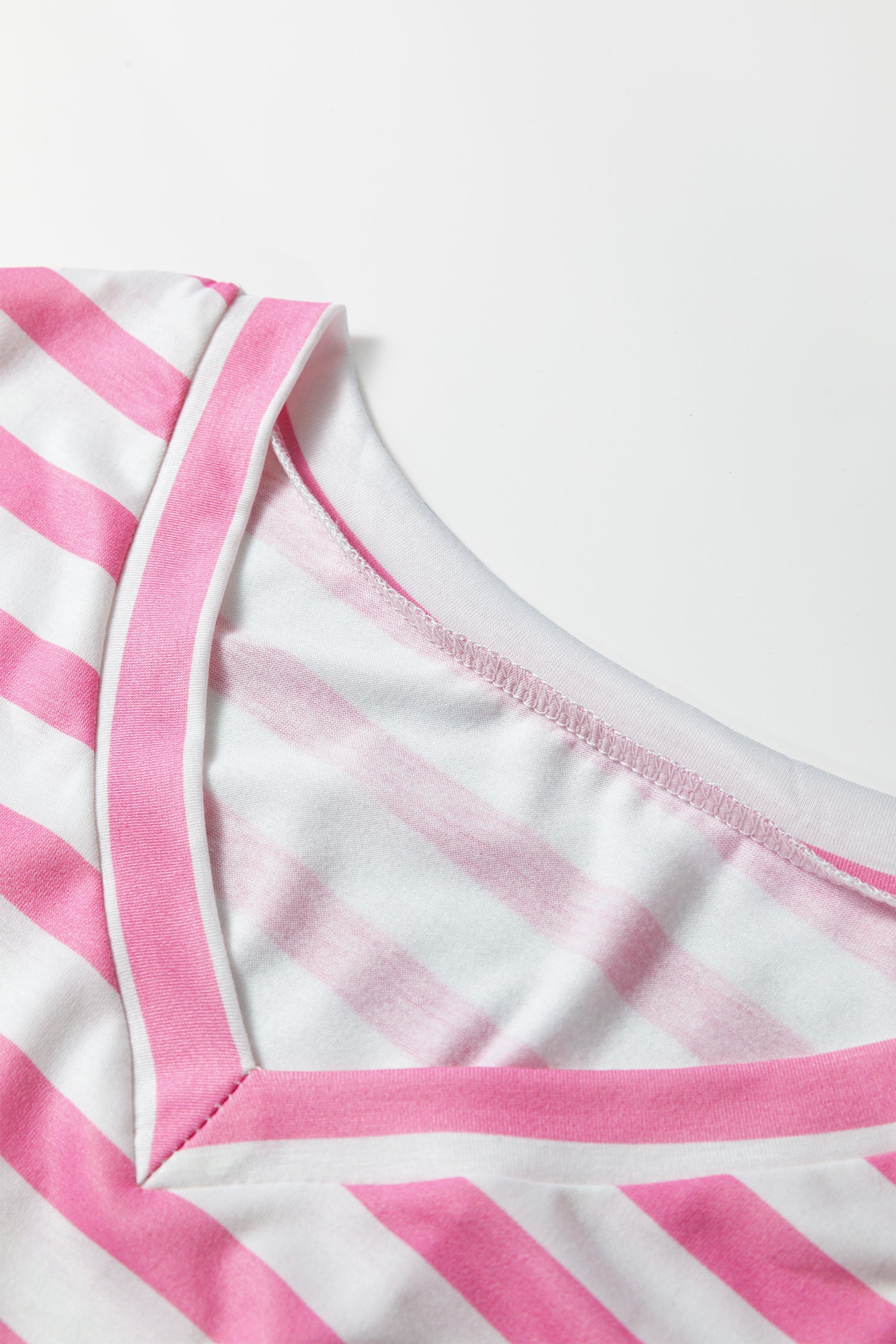 Pink Stripe V Neck Patched Pocket Casual T Shirt - Snoopy's Closet