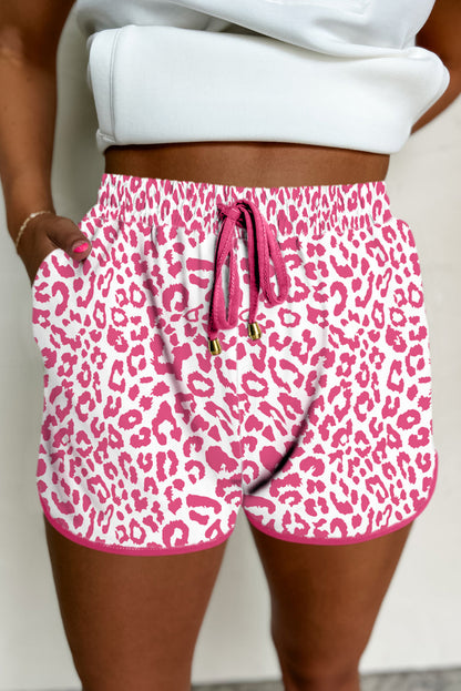 White Leopard Elastic Waistband Lace up Contrast Trim Casual Shorts - Snoopy's Closet