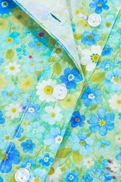 Green Floral Painting Print Striped Patchwork Flutter Sleeve V Neck Blouse