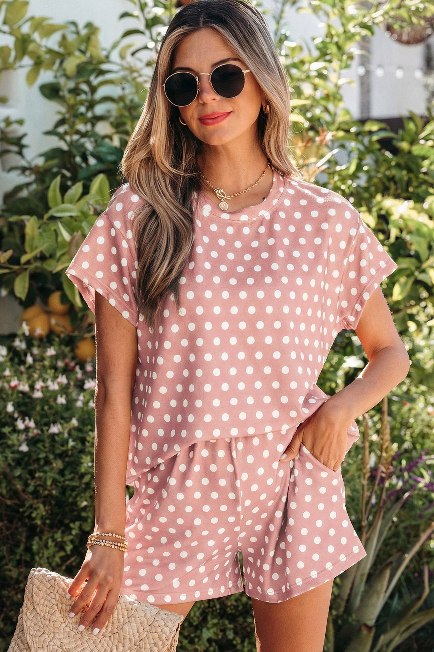 Pink Polka Dot Print Short Set - Snoopy's Closet