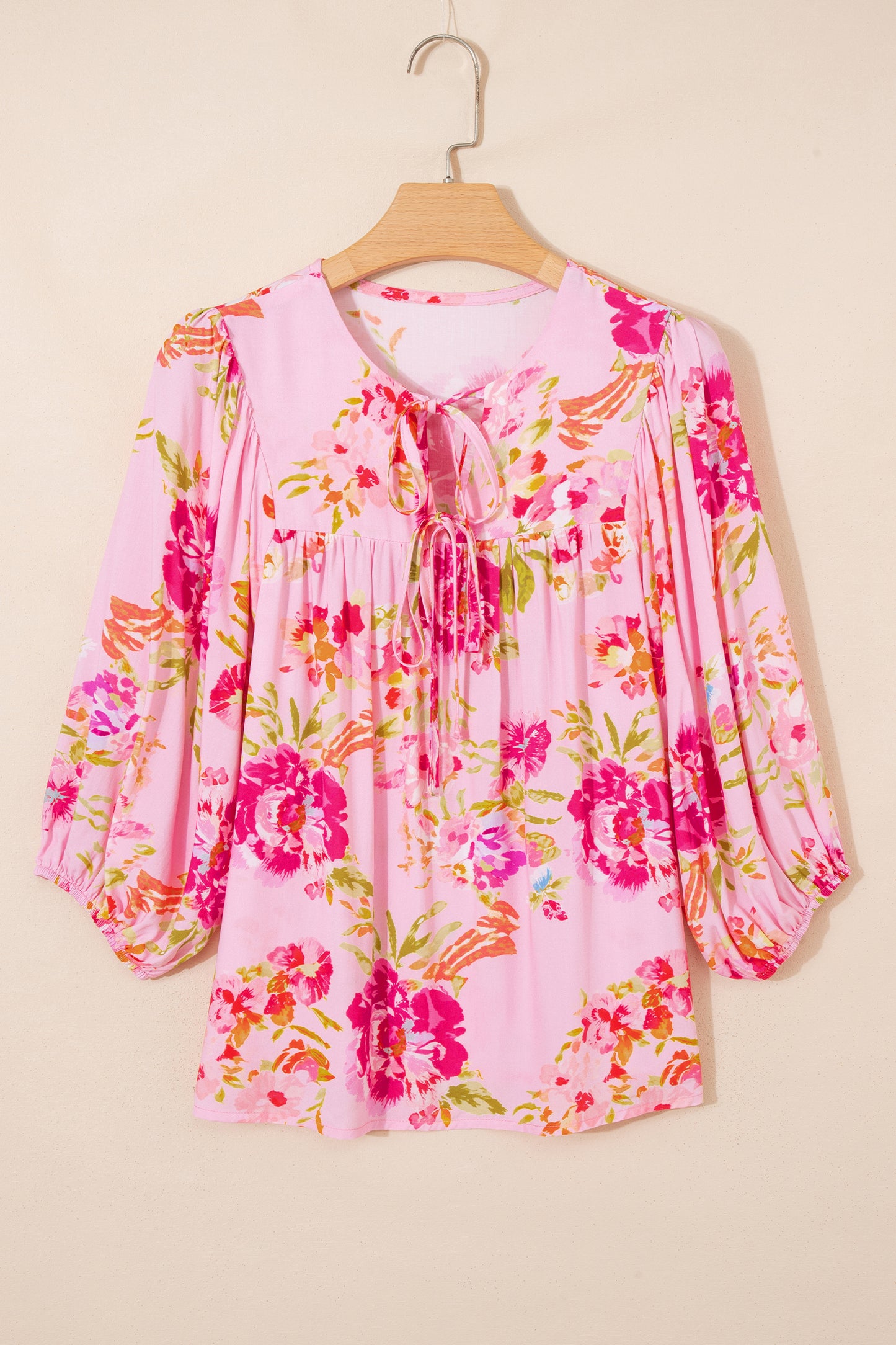 Pink Floral Print Tie Neck Puffy Half Sleeve Blouse - Snoopy's Closet