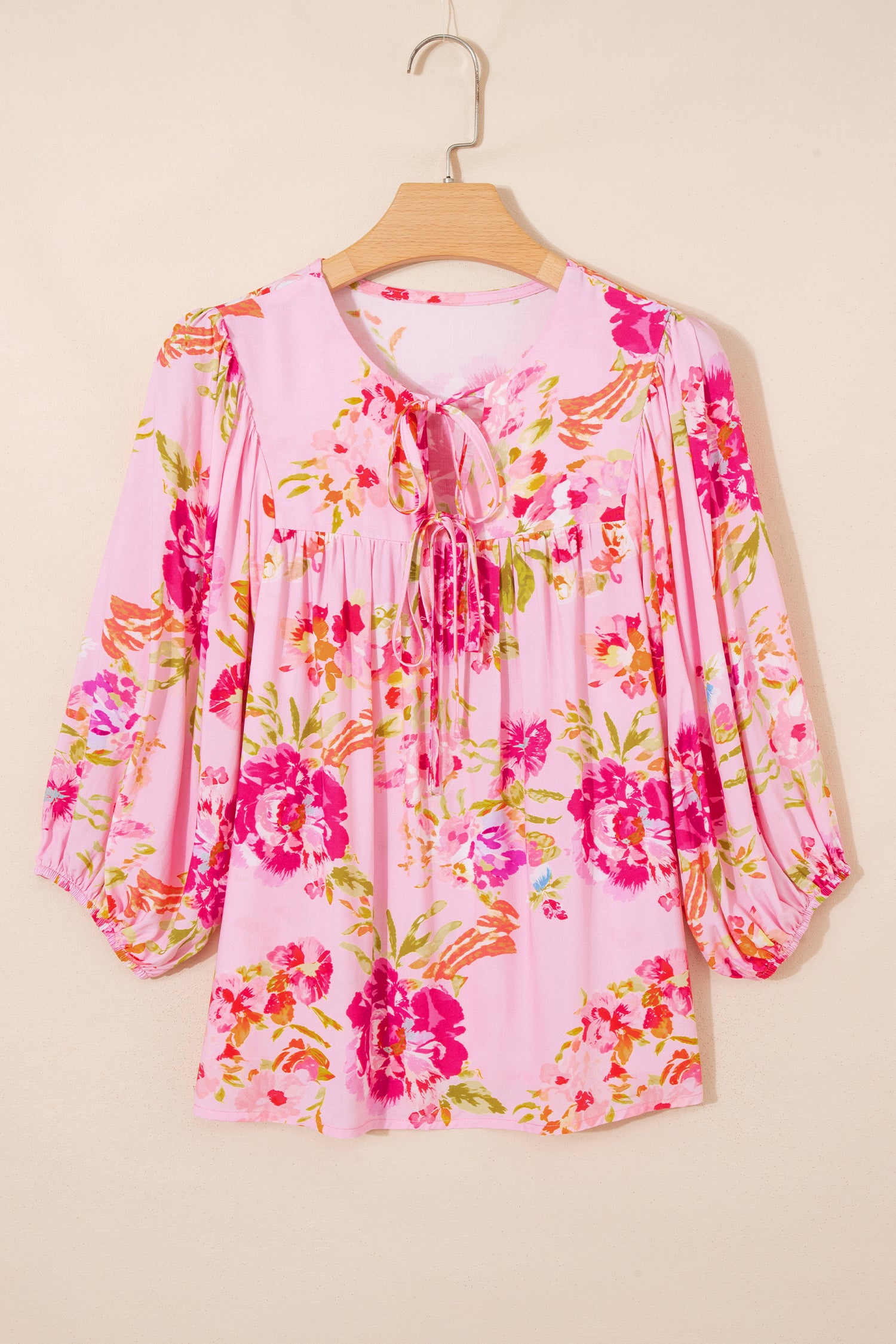 Pink Floral Print Tie Neck Puffy Half Sleeve Blouse - Snoopy's Closet