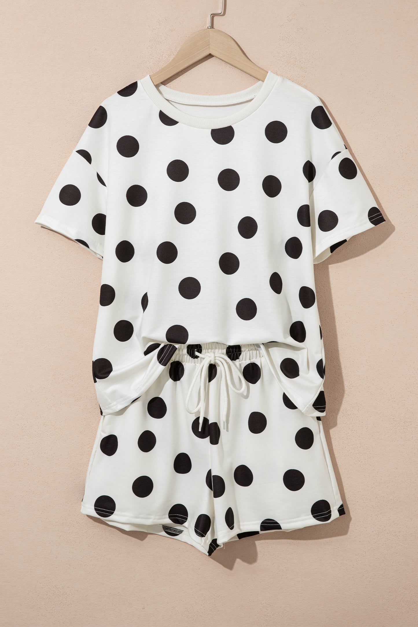 Black Polka Dot Print Loose Tee Drawstring Elastic Waist Short Set - Snoopy's Closet