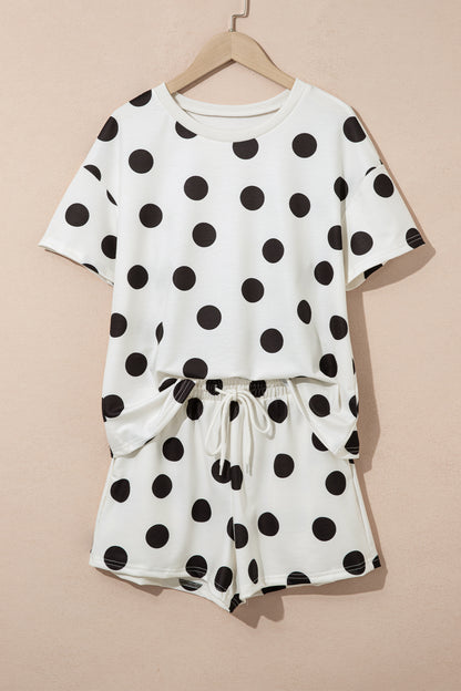 Black Polka Dot Print Loose Tee Drawstring Elastic Waist Short Set - Snoopy's Closet