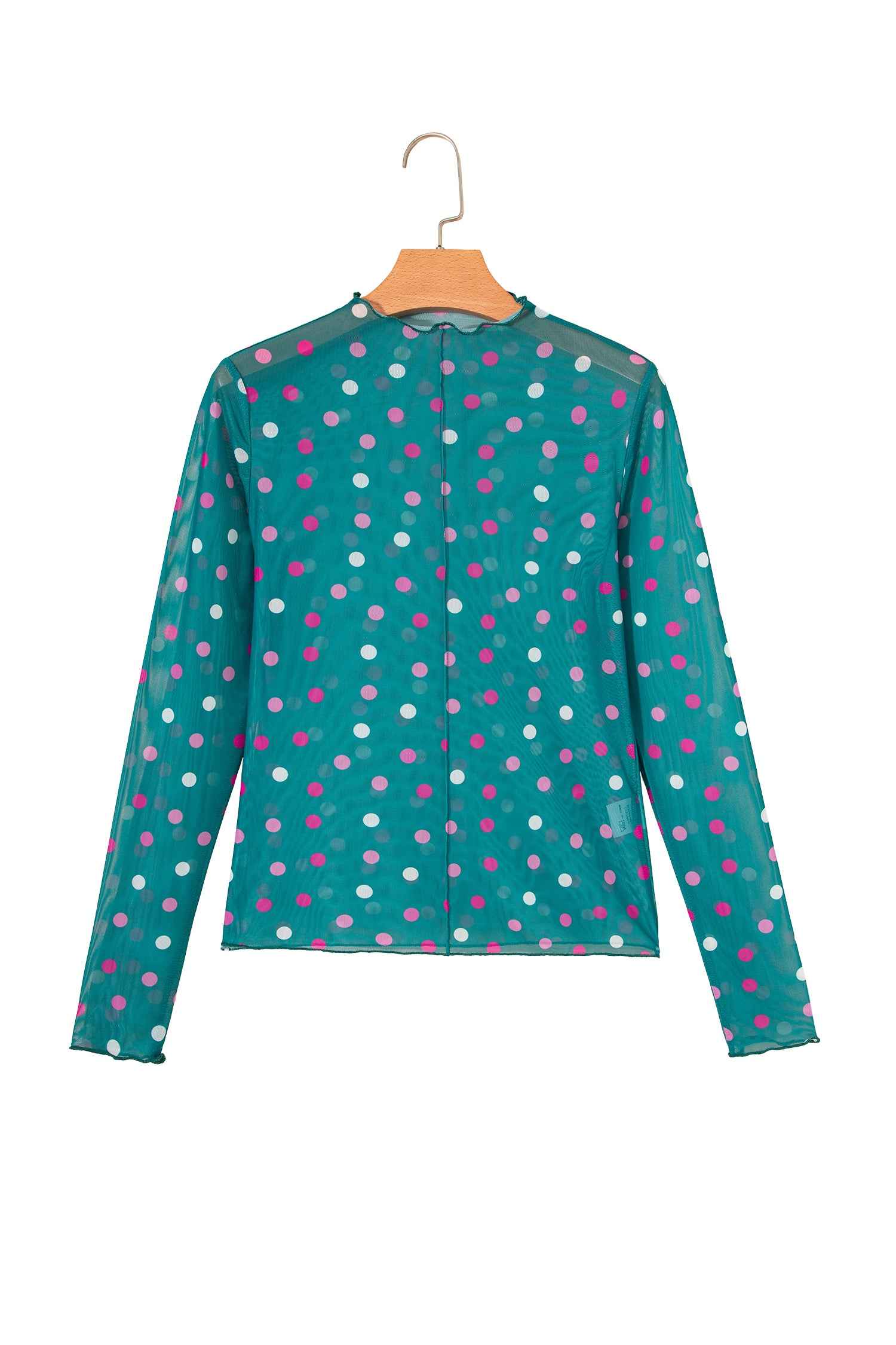 Red Polka Dot Patterned Bodycon Mock Neck Mesh Long Sleeve Top