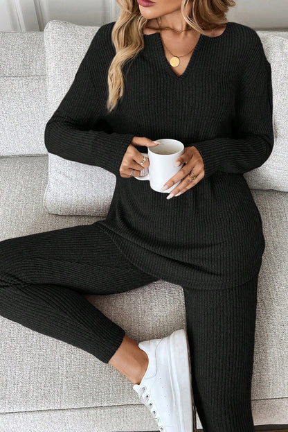 Black Ribbed Notched Neck Knit Long Sleeve Leggings Two Pieces Lounge Set - Snoopy's Closet