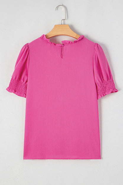 Rose Solid Color Smocked Puff Sleeve Blouse - Snoopy's Closet