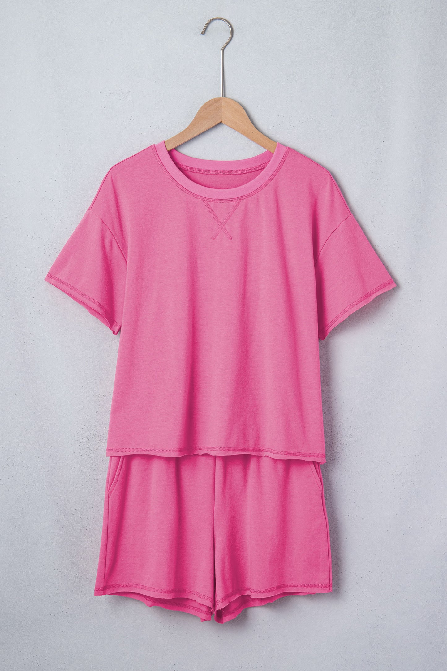 Bright Pink Seam Detail Raw Edge Tee Rainbow Waistband Casual Short Set - Snoopy's Closet