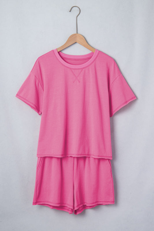 Bright Pink Seam Detail Raw Edge Tee Rainbow Waistband Casual Short Set - Snoopy's Closet
