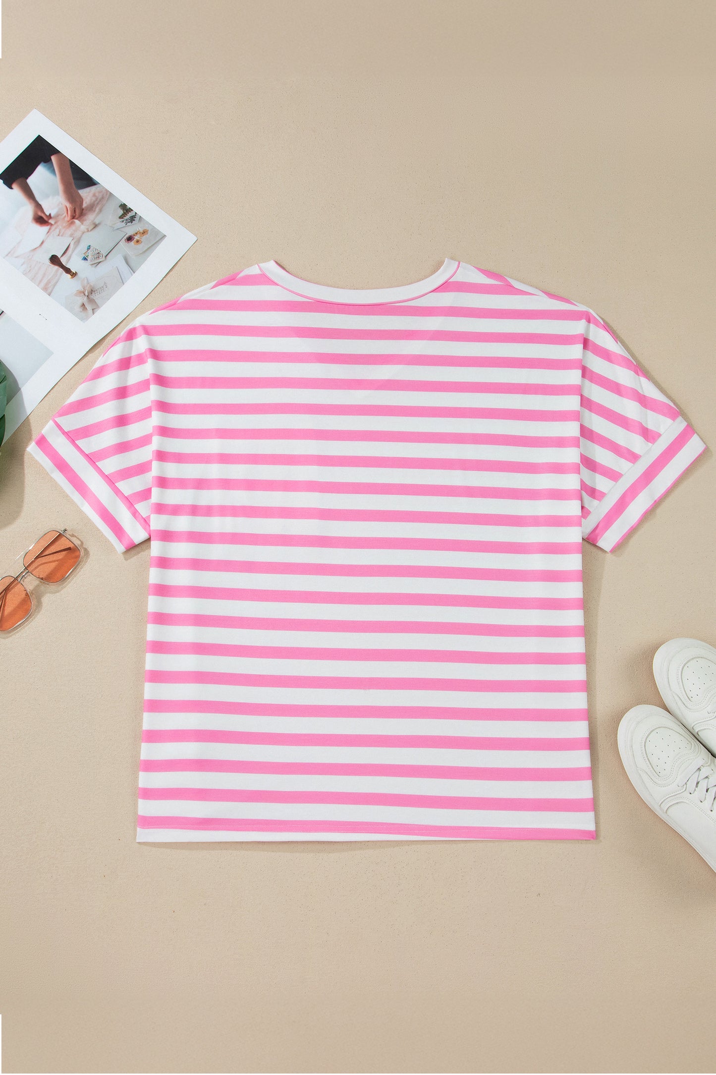 Pink Stripe Colorblock Patched Pocket V Neck Plus Size Tee - Snoopy's Closet