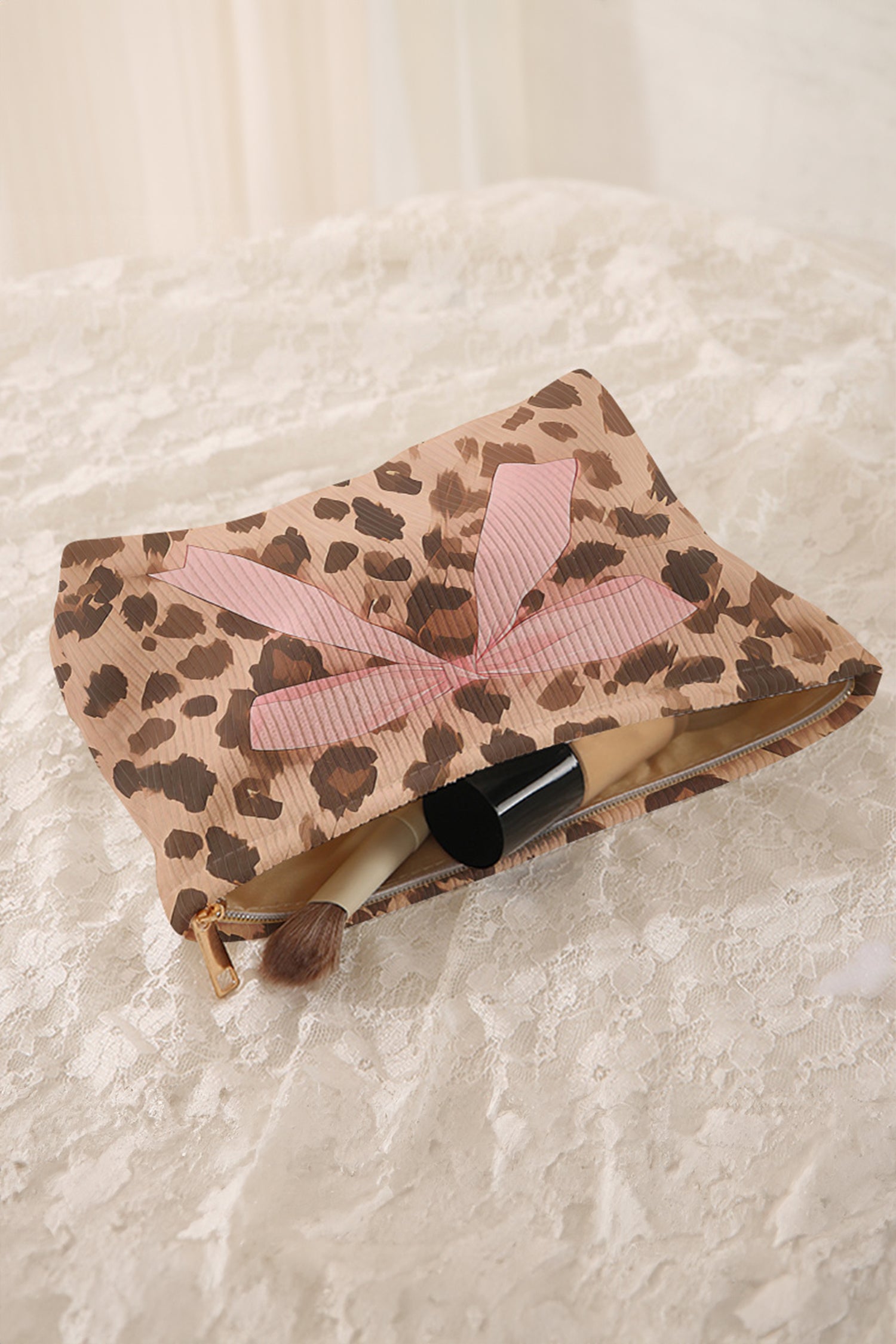 Camel Ribbon Bow Leopard Print Ribbed Cloth Makeup Bag - Snoopy's Closet