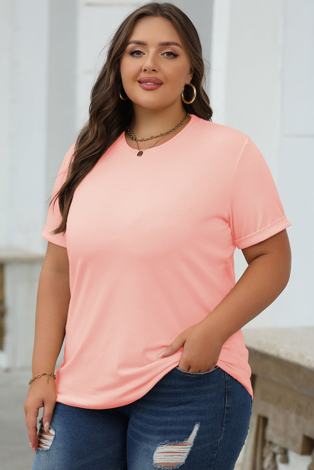 Pink Casual Plain Crew Neck Tee - Snoopy's Closet