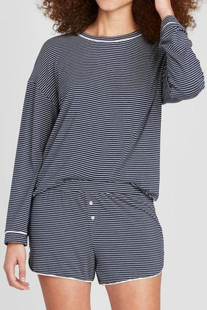 Blue Stripe Drop Shoulder Round Neck Long Sleeve Tee and Buttoned Shorts 2pcs Lounge Set - Snoopy's Closet