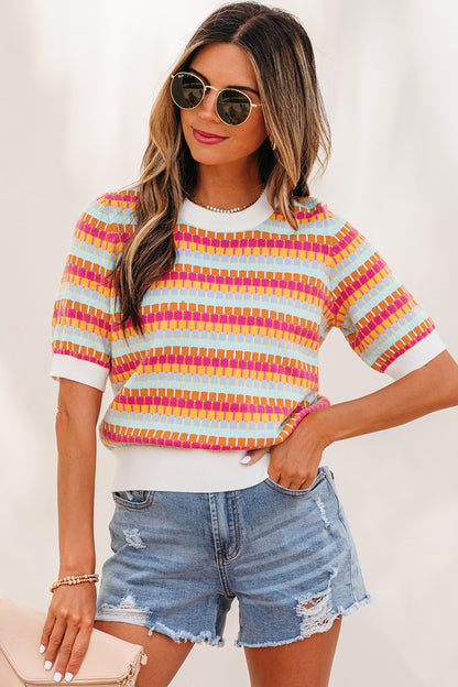 Orange Abstract Striped Knit Short Sleeve Sweater - Snoopy's Closet