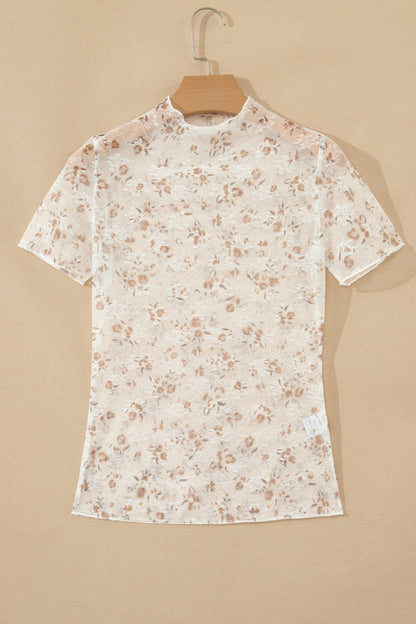 White Mock Neck Short Sleeve Floral Mesh Top - Snoopy's Closet