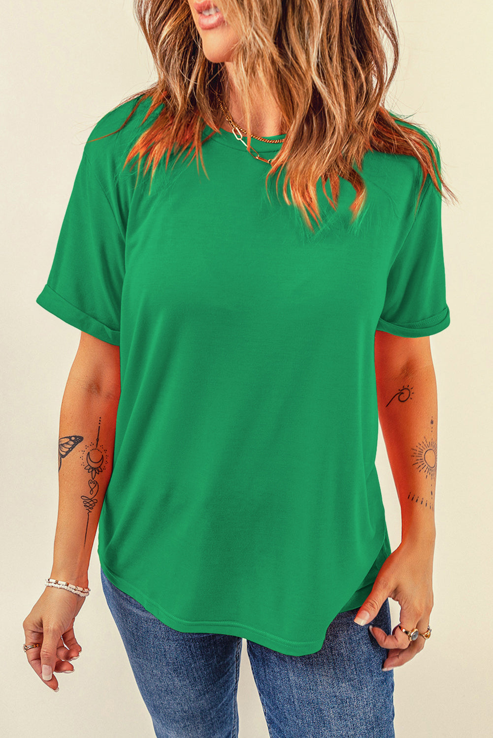 Bright Green Casual Plain Crew Neck Tee - Snoopy's Closet