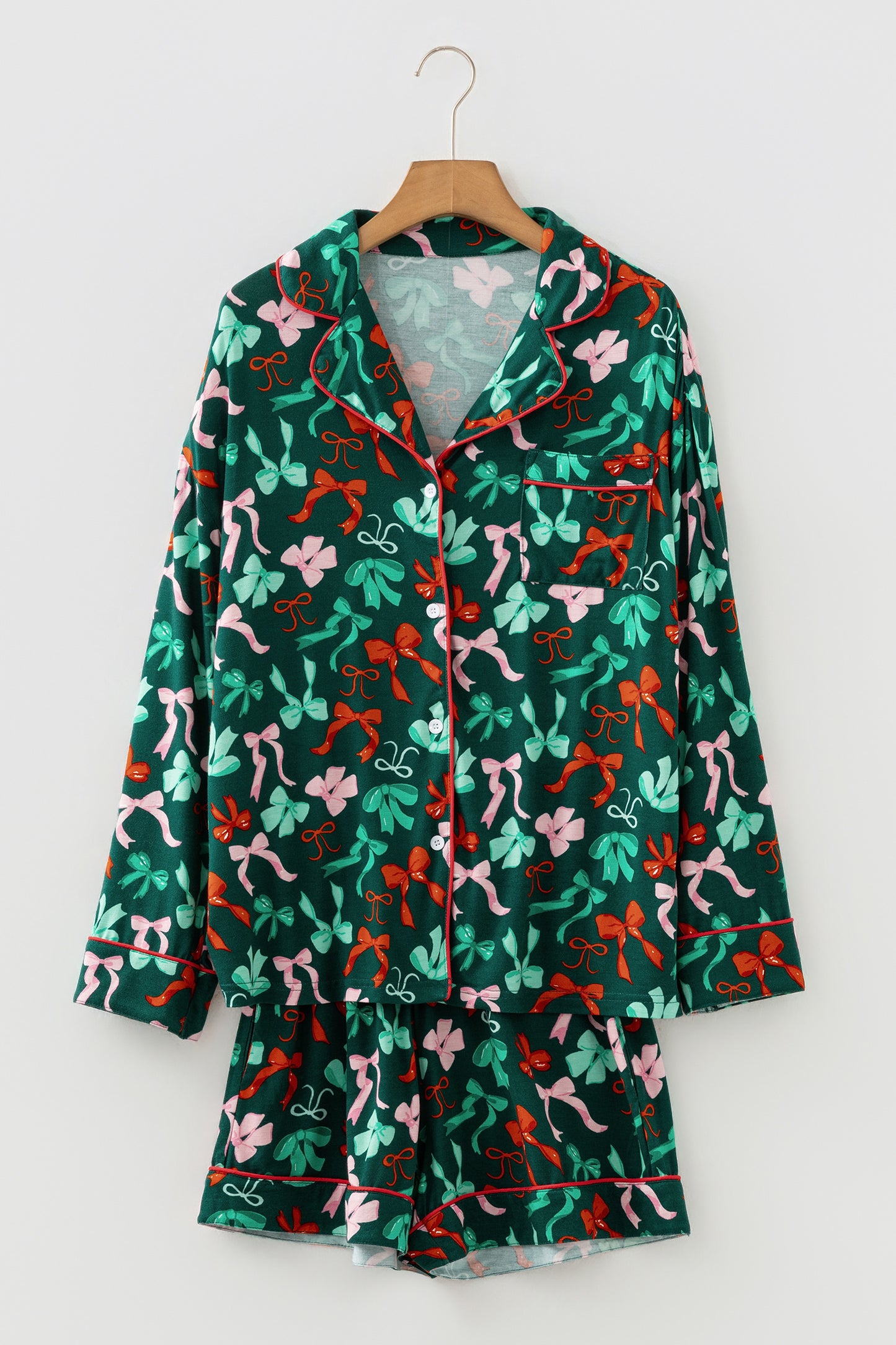 Green Festive Bow Print Long Sleeve Shirt and Pajama Short Set - Snoopy's Closet