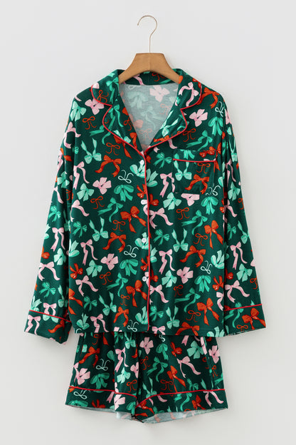 Green Festive Bow Print Long Sleeve Shirt and Pajama Short Set - Snoopy's Closet