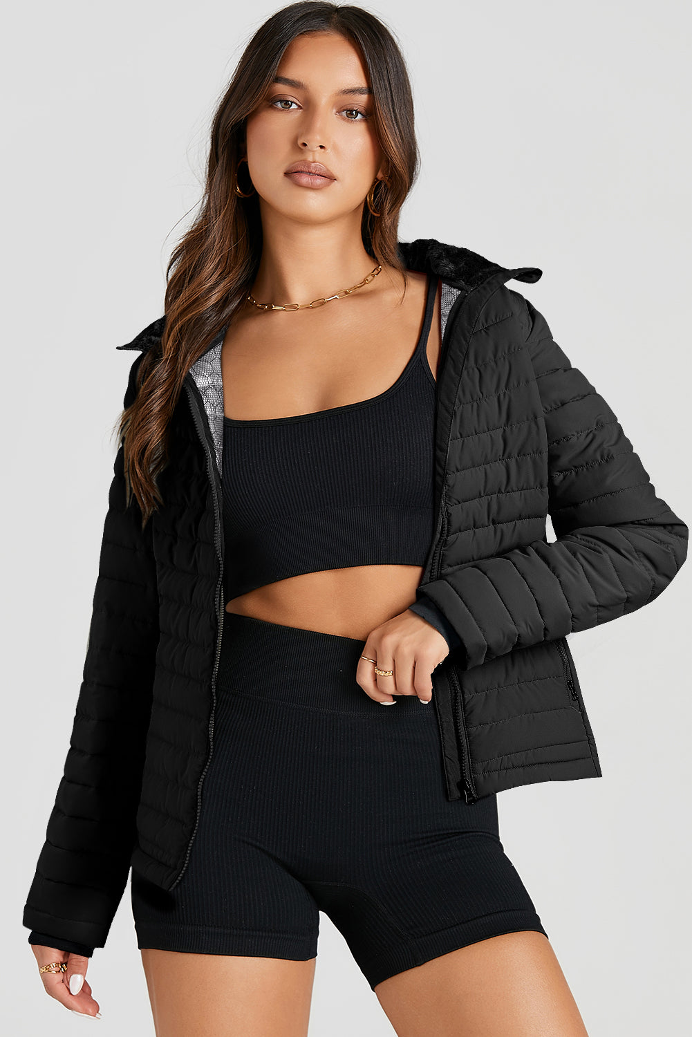 Black Solid Color Quilted Zip-up Puffer Jacket - Snoopy's Closet
