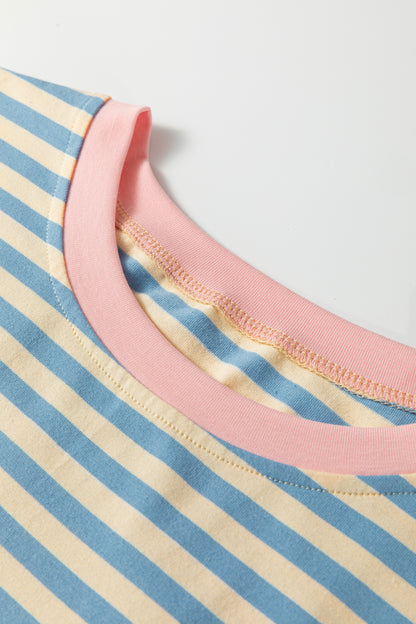 Sky Blue Stripe Contrast Crew Neck Drop Shoulder Loose Tee - Snoopy's Closet