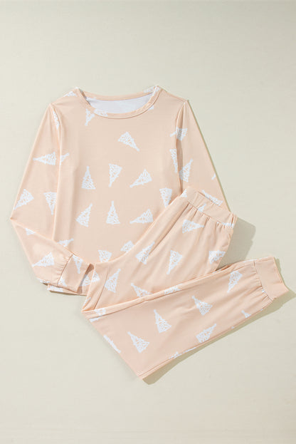 Apricot Christmas Tree Print Loose Fit Two Piece Pajama Set - Snoopy's Closet
