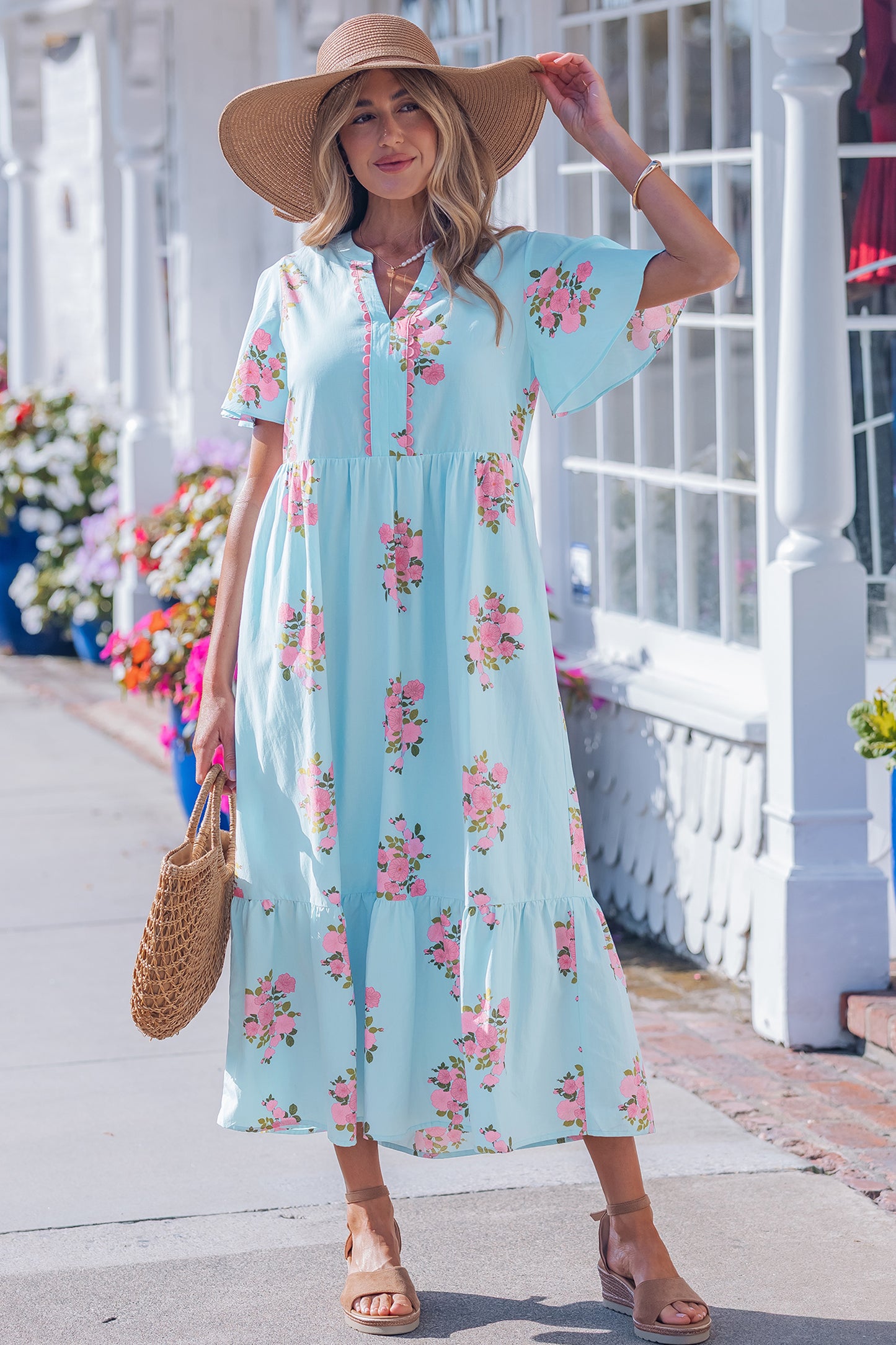 Pink Notched Neck Flutter Short Sleeve Floral Print Maxi Dress - Snoopy's Closet