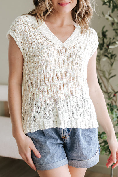 Beige Notched V Neck Short Sleeve Sweater - Snoopy's Closet