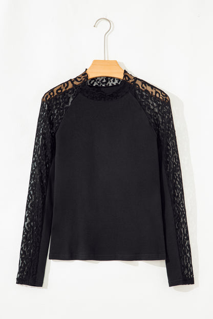 Black Leopard Mesh Patchwork Knit Long Sleeve Top - Snoopy's Closet